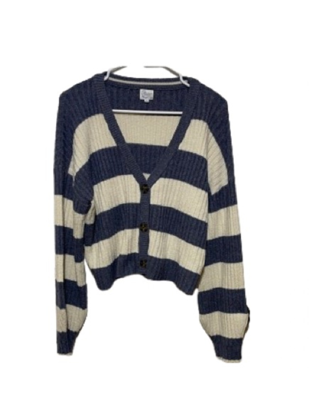 Francesca’s Juniors Blue Rain Striped Cropped Button Up Sweater-Size Medium